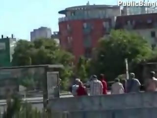 Hot risky public sex threesome orgy by a tram stop Part 2